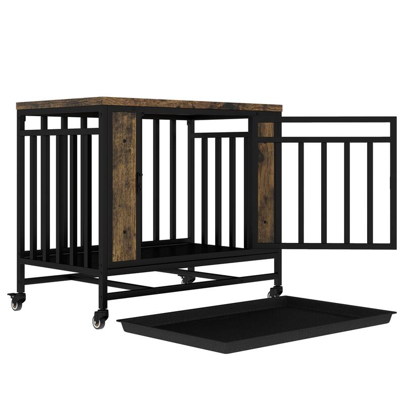 Dog House Furniture, Wooden Dog House Dining Table with Iron Door and Tray