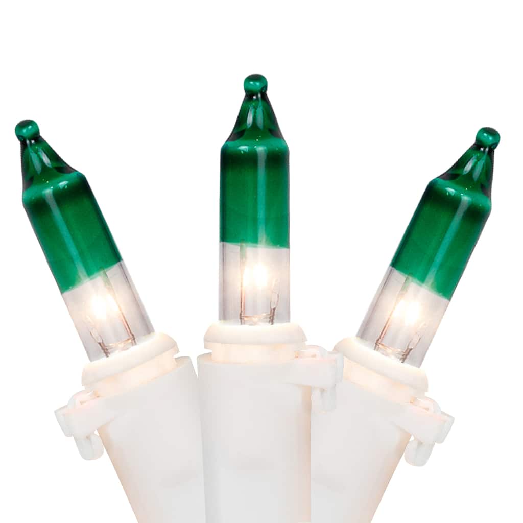 Mini Christmas Light Set - Clear with Green Tip - 10' White Wire - 50ct