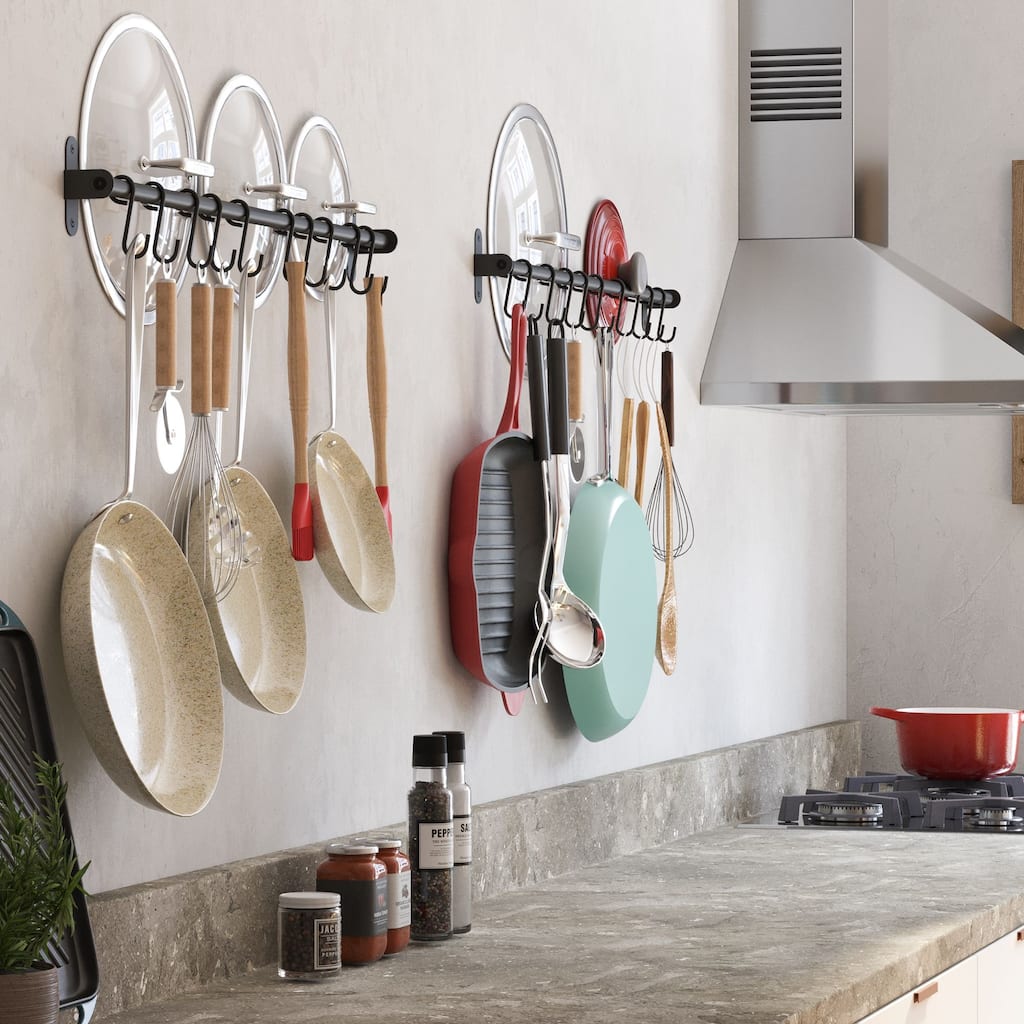 Wallniture Lyon Steel Pot Rack Set of 2 with 20 Hooks, Utensil Holder, Frosty Black