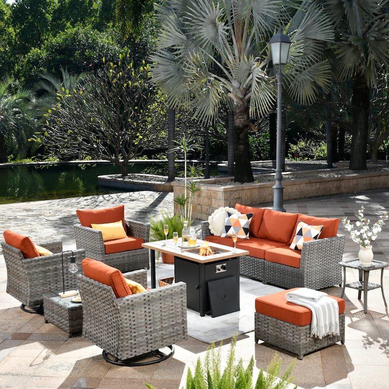 XIZZI 10-piece Outdoor Patio Furniture Rattan Wicker Conversation Sofa Set with Fire Pit - Red/Orange
