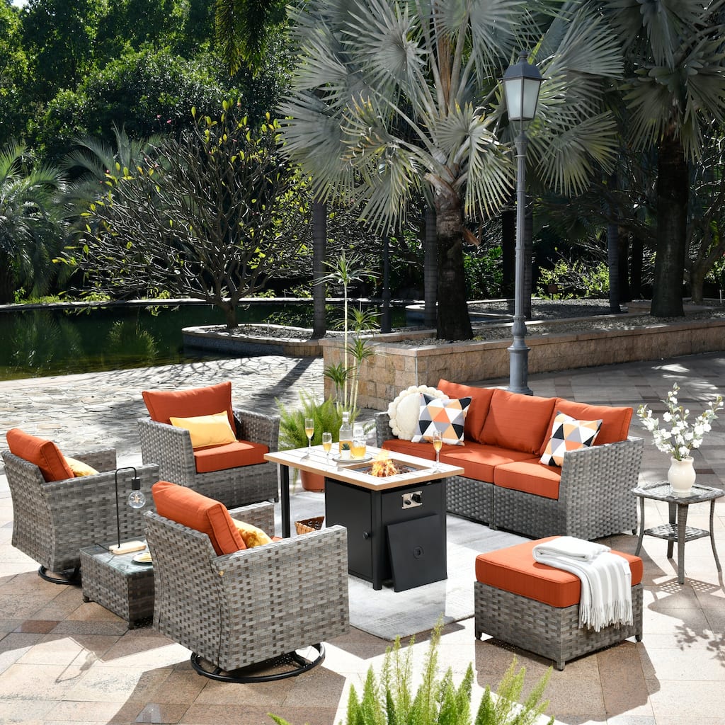 XIZZI 10-piece Outdoor Patio Furniture Rattan Wicker Conversation Sofa Set with Fire Pit