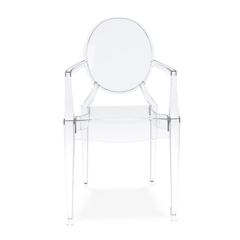Contemporary Clear Arm Chair with Plastic Frame and King Louis Back for Dining or Accent Use - 36”H x 20”W x 19”D