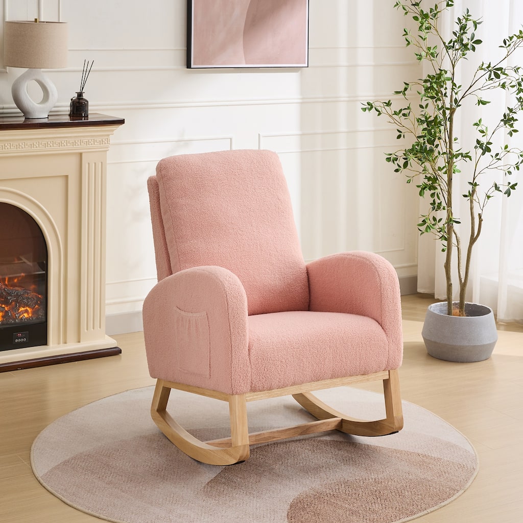 27.2"W Rocking Chair Side Chair with High Back and Side Pocket, Accent Chair Pink Armchair with Wood Legs
