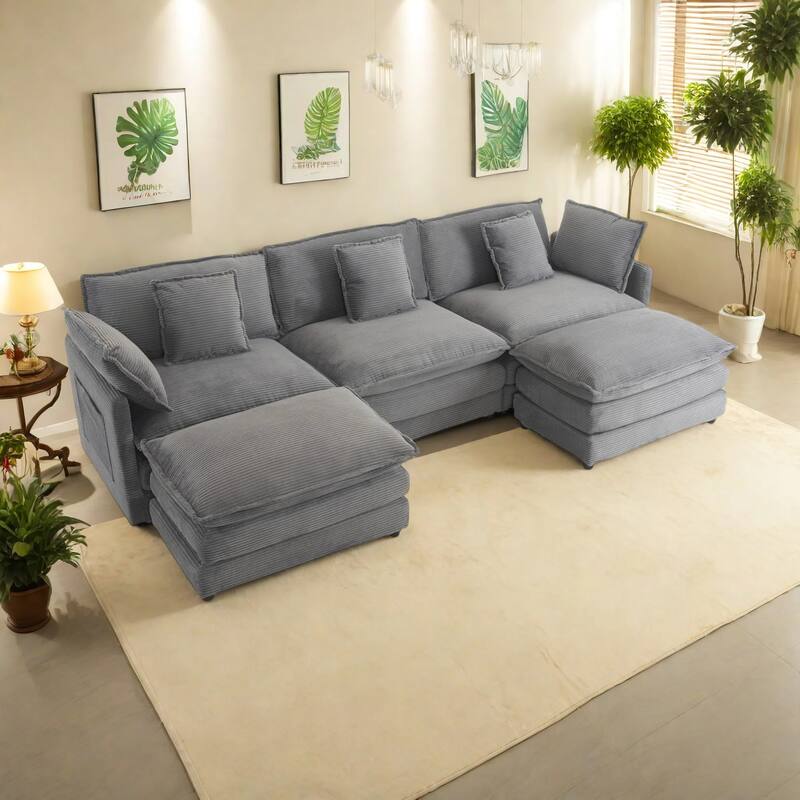 112.6" Corduroy Upholstered U-Shaped Modular Sectional Sofa with Side Storage Pockets - Grey