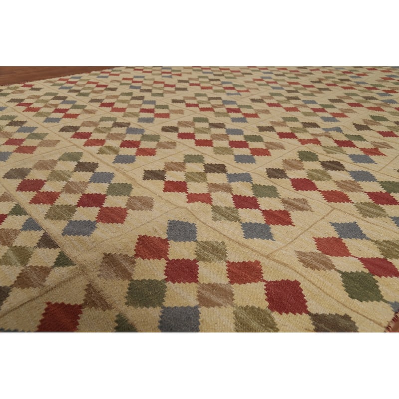 Geometric Kilim Oriental Area Rug Flatweave Beige / Ivory Wool Carpet - 7'8"x 10'0"