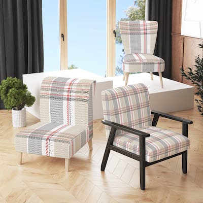 Designart "Cream Checked Tartan" Upholstered Patterned Accent Chair and Arm Chair
