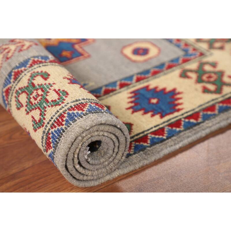 Gray Geometric Kazak Rug Handmade Foyer Wool Carpet - 2'9" x 4'1"