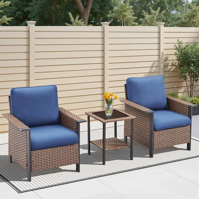 Pocassy Outdoor Wicker Sofa Glider Chair with Ottoman Set - Brown Wicker Blue Cushion - 3-Piece Patio Chair with Side Table