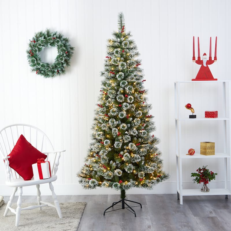 7' Frosted Swiss Pine Christmas Tree with 400 Clear LED Lights - Green