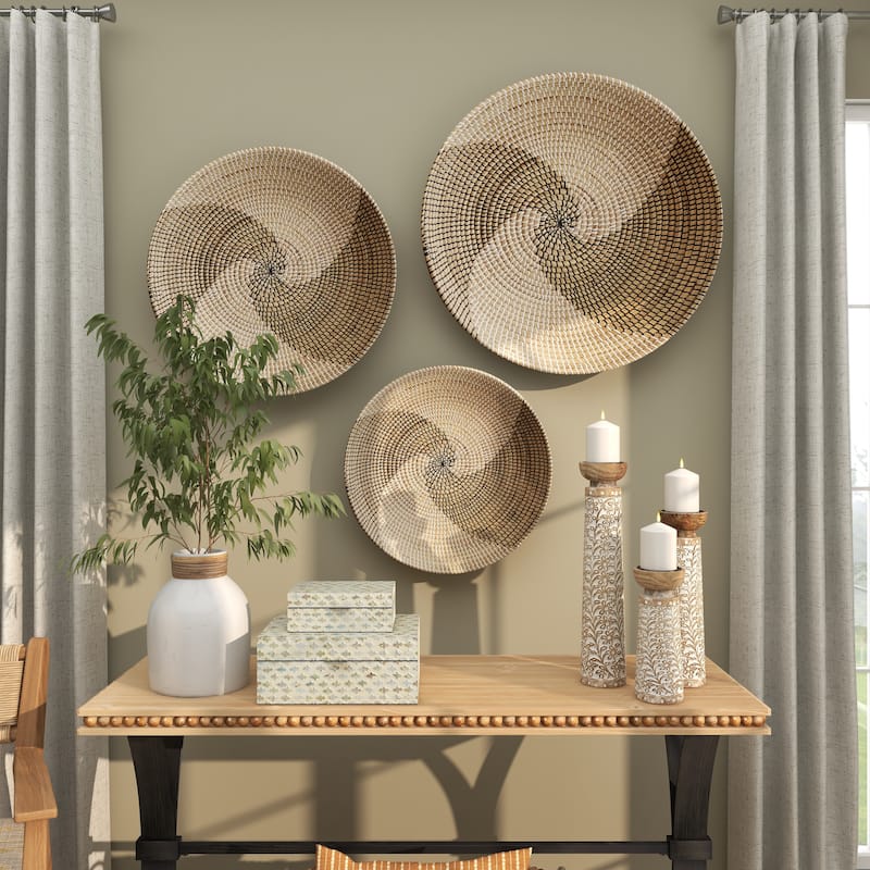 Brown Seagrass Handmade Spiral Basket Plate Home Wall Decor (Set of 3)
