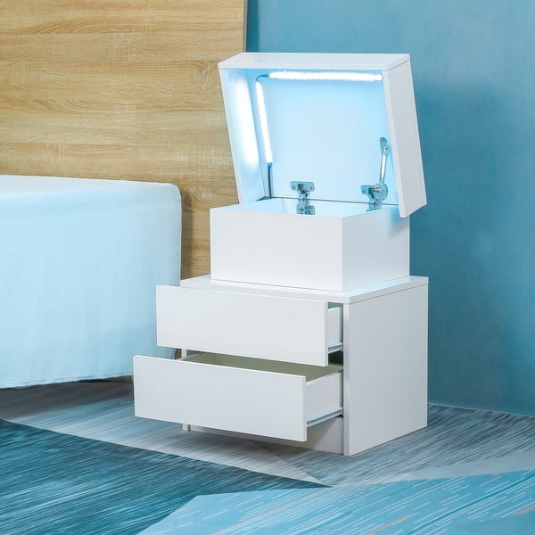 Modern Lifttop LED Nightstand with 2 High Gloss Drawers Bed Bath