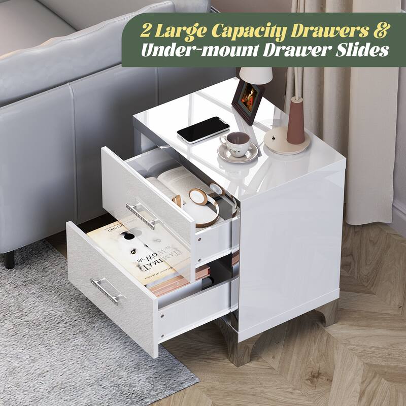 High Gloss Mirrored Nightstand with 2 Drawers,Modern End Table with Drawers,Mirrored High Gloss Wood Nightstand Metal Handle