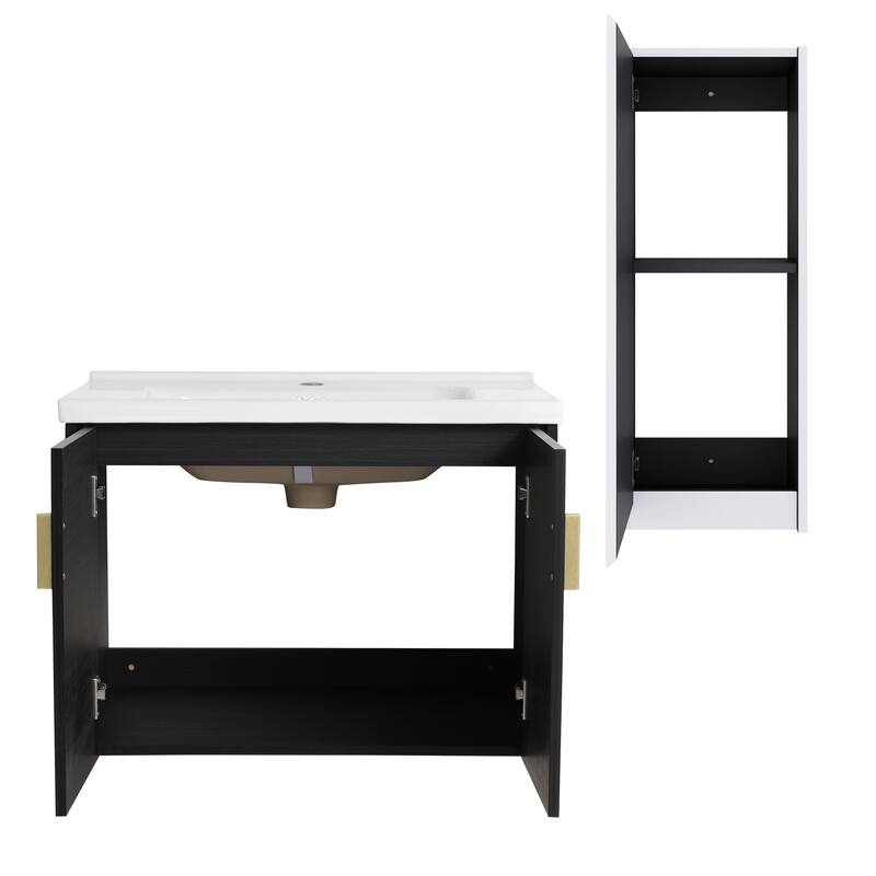 28" Wall-Mounted Bathroom Vanity With Ceramic Sink and Side Cabinet, Soft Close Doors, Combination Cabinet
