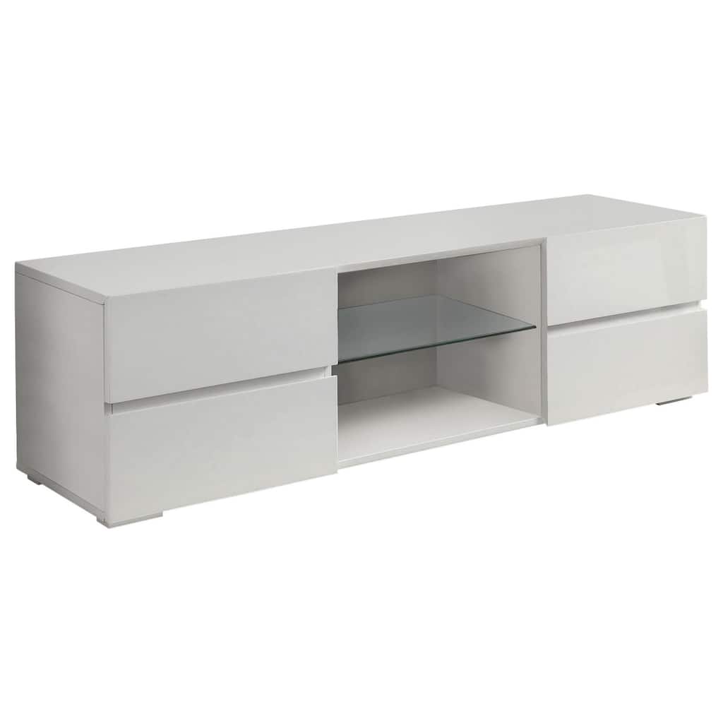 Glossy White 4-Drawer TV Stand with Glass Shelf, Modern Media Console for TVs Up to 60"