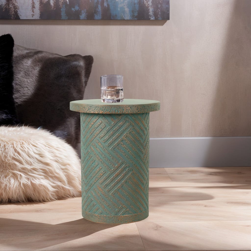Column-Shaped Modern Round Copper-Green Accent End Table Suitable for Indoor and Outdoor Use