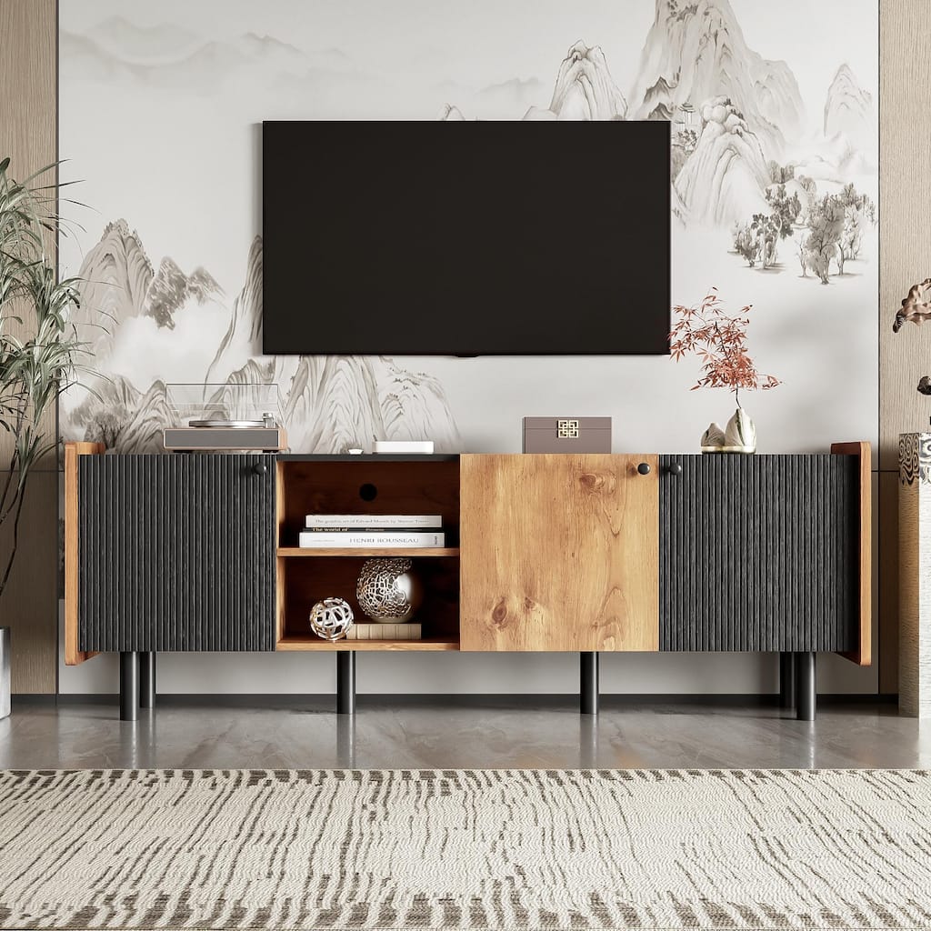 61" Mid-Century Modern TV Stand with 3 Cabinets & 2 Open Compartments - Media Console for TVs Up to 70"