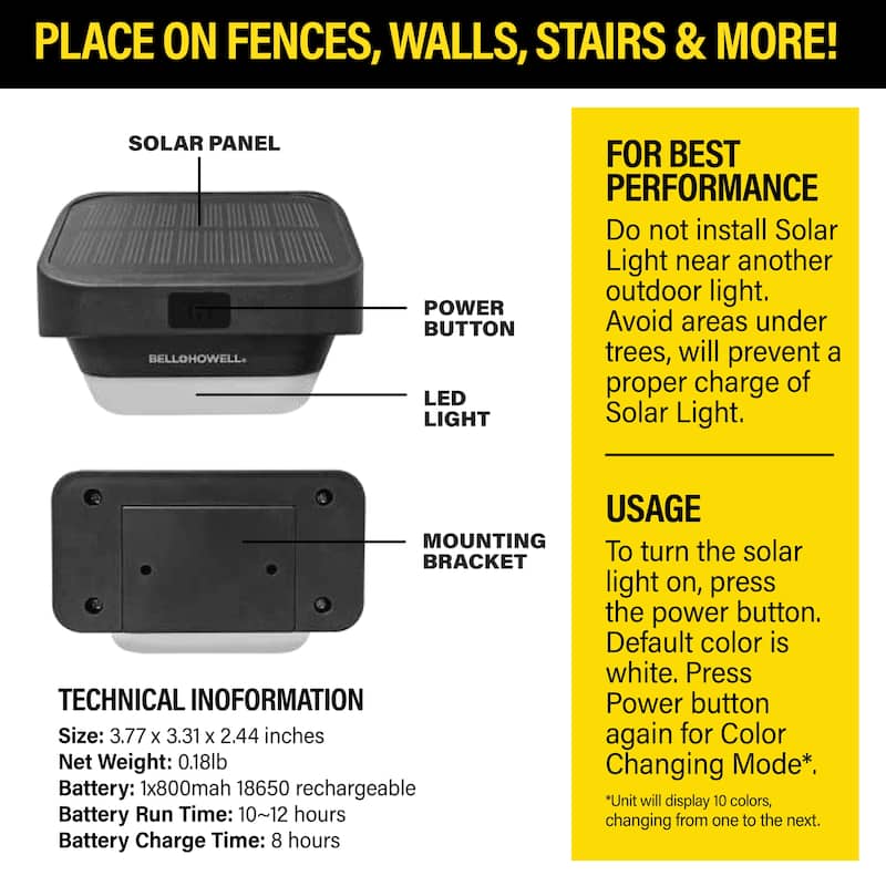 Bell + Howell Color Changing Solar Deck Fence Lights For Patio, Stairs, Pathways, and More - 4 Pack - Multi