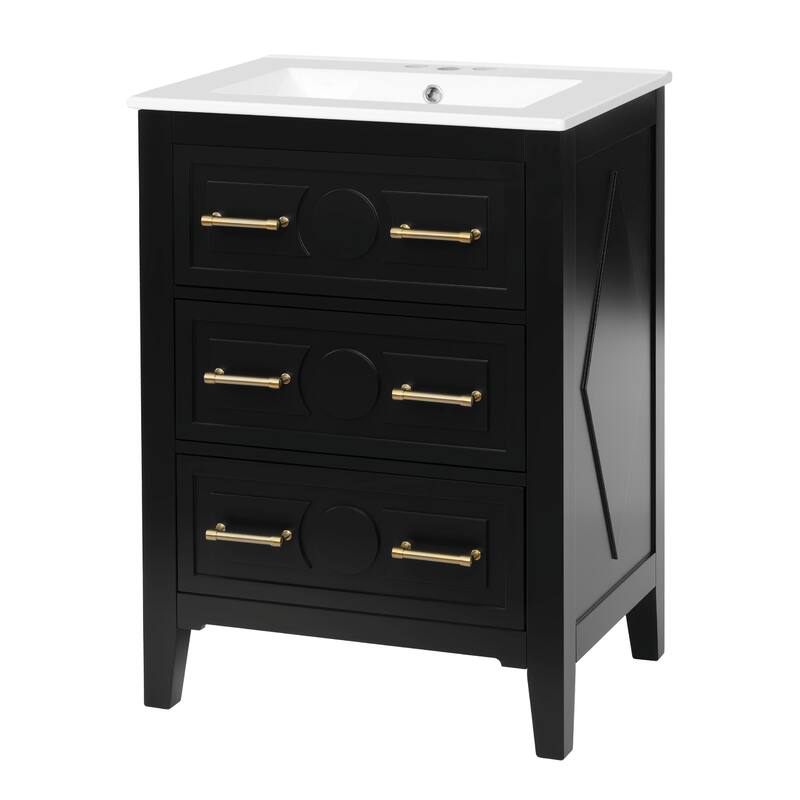 24" Bathroom Vanity with Ceramic Sink Combo, Free-Standing Single Vanity Set with 3 Drawers