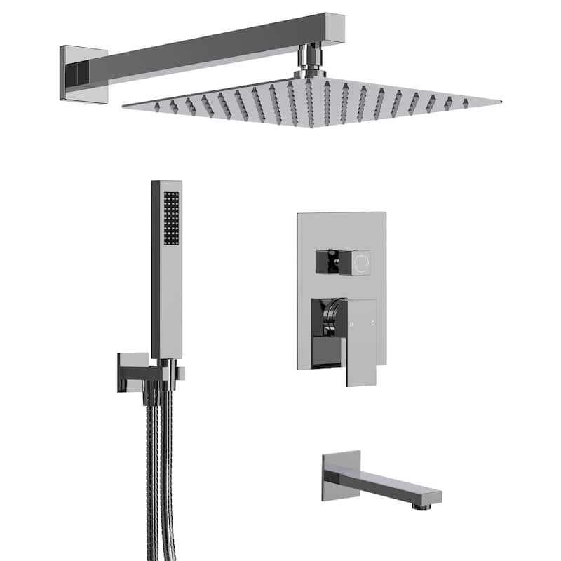 GRANDJOY 10" 3-in-1 Shower System with Rainfall Head, Handheld and Tub Spout, Pressure Balance Valve - Chrome