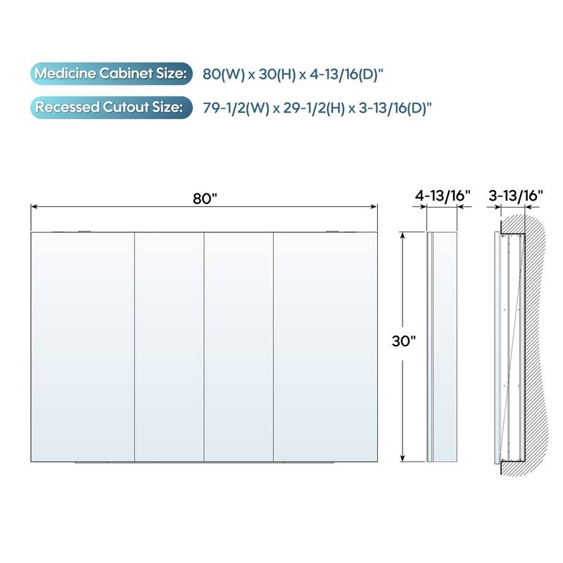 72''/80''W X 30''H Recessed Or Surface Wall Mount Bathroom Medicine Cabinet With Adjustable Glass Shelves