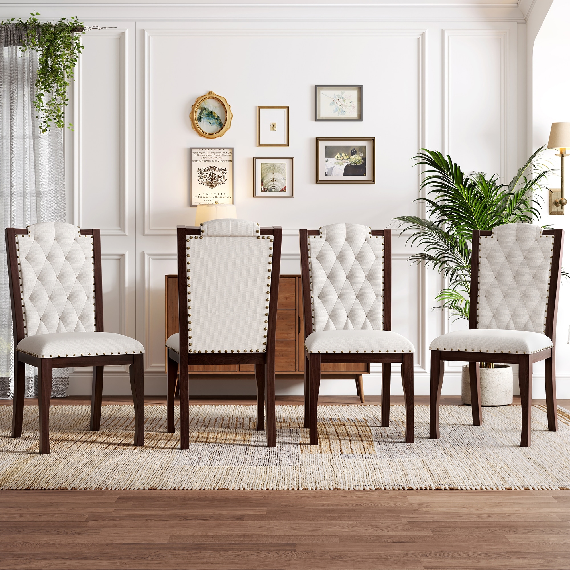 High Back Tufted Dining Chairs with Wood Legs, Nailhead Trim, Set of 4