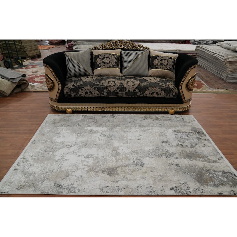 Machine Made Oriental Polyester Carpet Abstract Greys & Charcoal Distressed Area Rug - 7' 5'' X 5' 2''