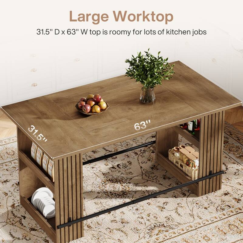 63 Inch Island Table for Kitchen, Kitchen Island with Storage Shelves and Footrest - 62.99" L x 31.5" W x 35.43" H