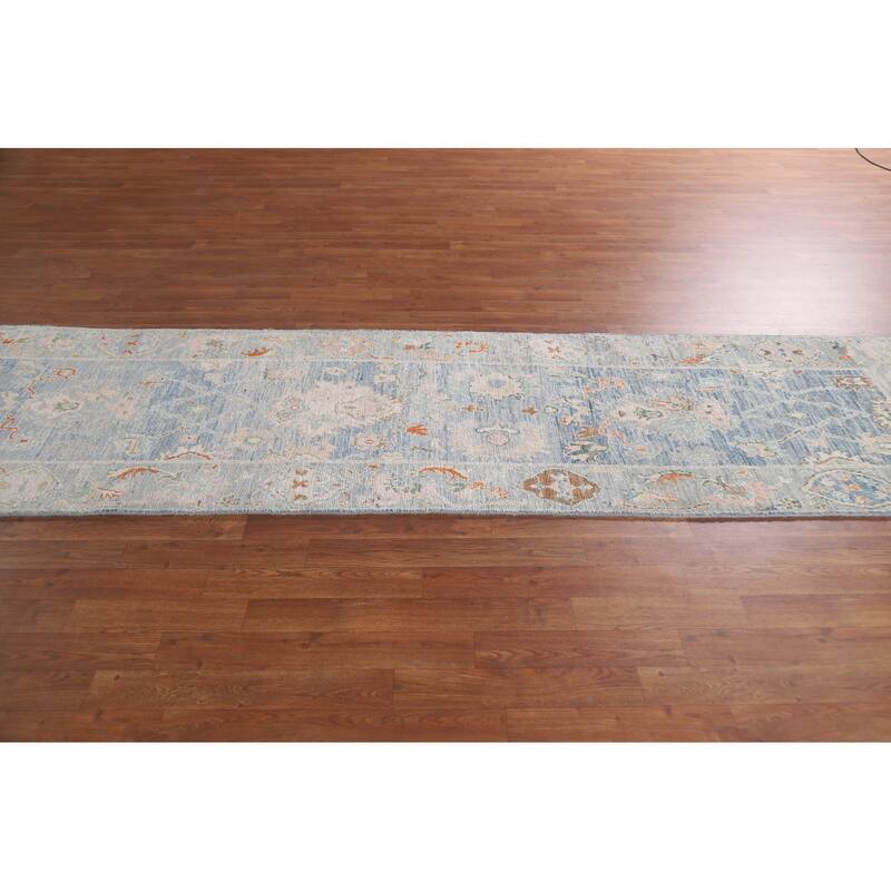 Hand Knotted Oriental 100% Wool Carpet Transitional All-Over Navy Blue & Blues Oushak Runner Rug - 9' 11'' X 2' 8''