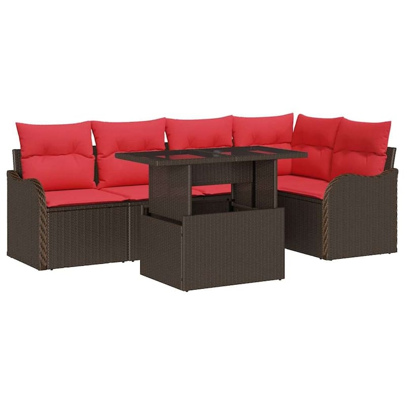 vidaXL 6 Garden Sofa Set with Cushions Black/Brown/Grey Poly Rattan - 91.5 x 48.2 x 27.2