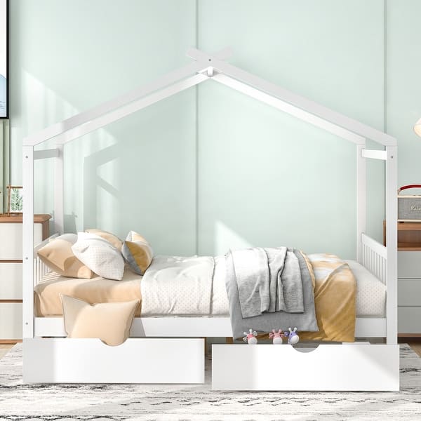 slide 2 of 12, Full Size House Platform Bed with Roof and 2 Storage Drawers, White White