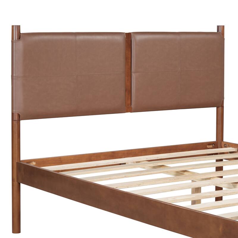 Solid Pine Platform Bed Frame, Faux Leather Upholstered Bed with Ergonomic Backrest, Wooden Slat Support