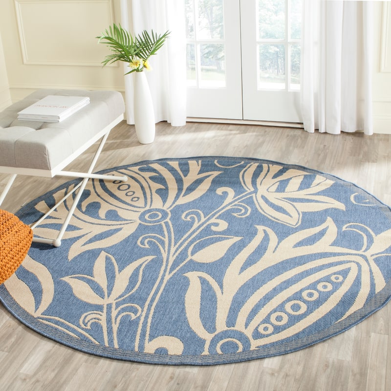 SAFAVIEH Courtyard Leatrice Indoor/ Outdoor Patio Backyard Rug - 5'3" x 5'3" Round - Blue/Natural