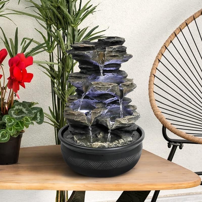 Indoor Tabletop 5-Tier Fountain Waterfall Fountains Stacked Rocks Water Feature Relaxation Desktop Fountain for Home,Office