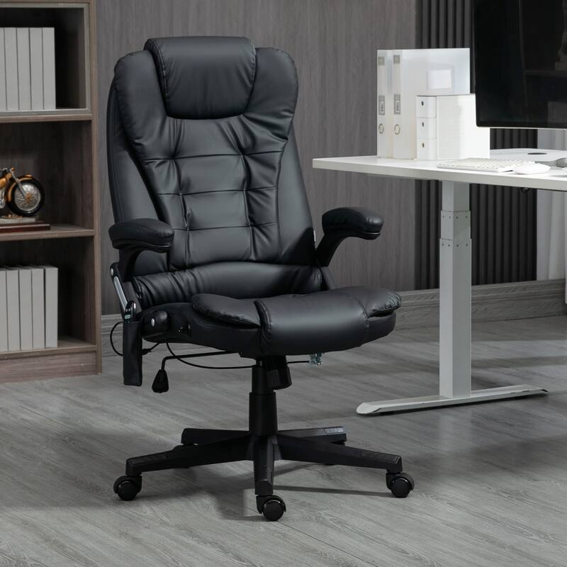 Height Adjustable Massage Office Chair with Lumbar Heating and 6 Vibration Points Swivel Wheels - 25.5"W x 28"D x 43.25"-47.25"H - Black-PULeather