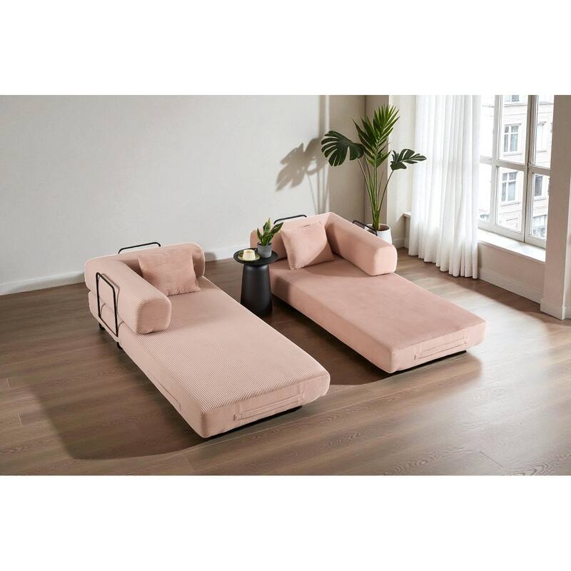 Convertible Corduroy Sleeper Sofa Bed, 4-in-1 Folding Mattress Couch with Cylindrical Pillow & Fixed-Shape Frame, No-Assembly
