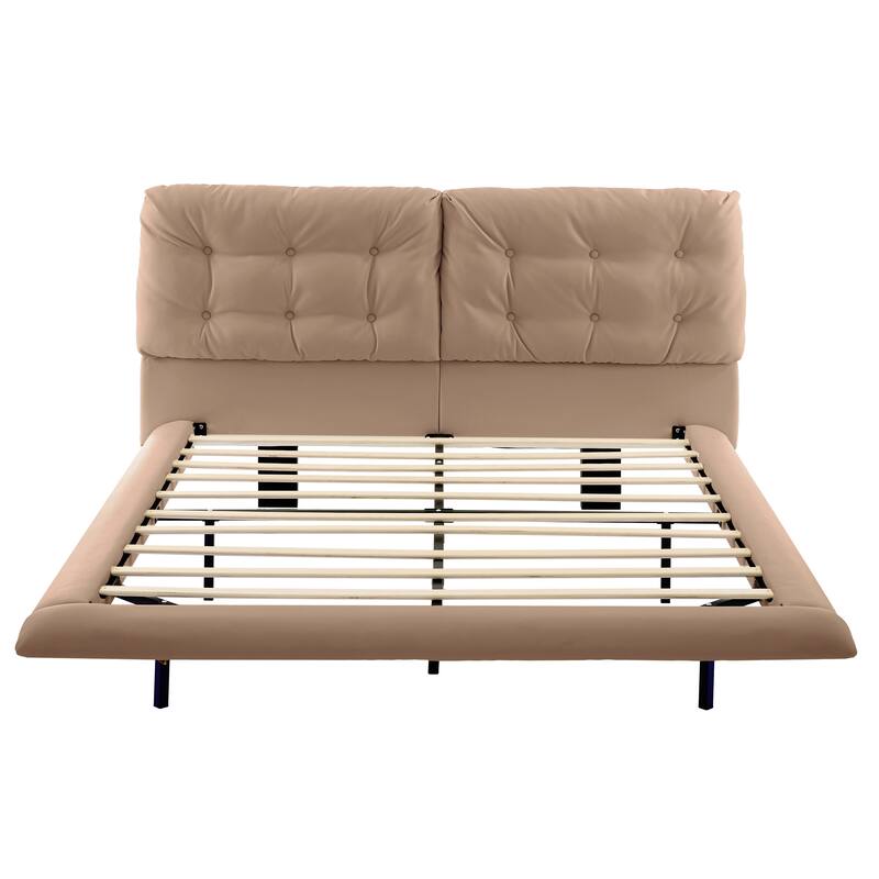 Queen Size LED Upholstered Platform Bed with Button-Tufted Headboard, Easy Assembly, No Box Spring Needed, Khaki