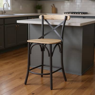 HomeRoots 26" Natural and Gray Solid Wood and Iron Counter Height Bar Chair