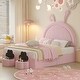 preview thumbnail 1 of 8, Full Size Upholstered Rabbit-Shape Bed with 2 Storage Stools, Velvet Platform Bed with Cartoon Ears Shaped Headboard, Pink Pink