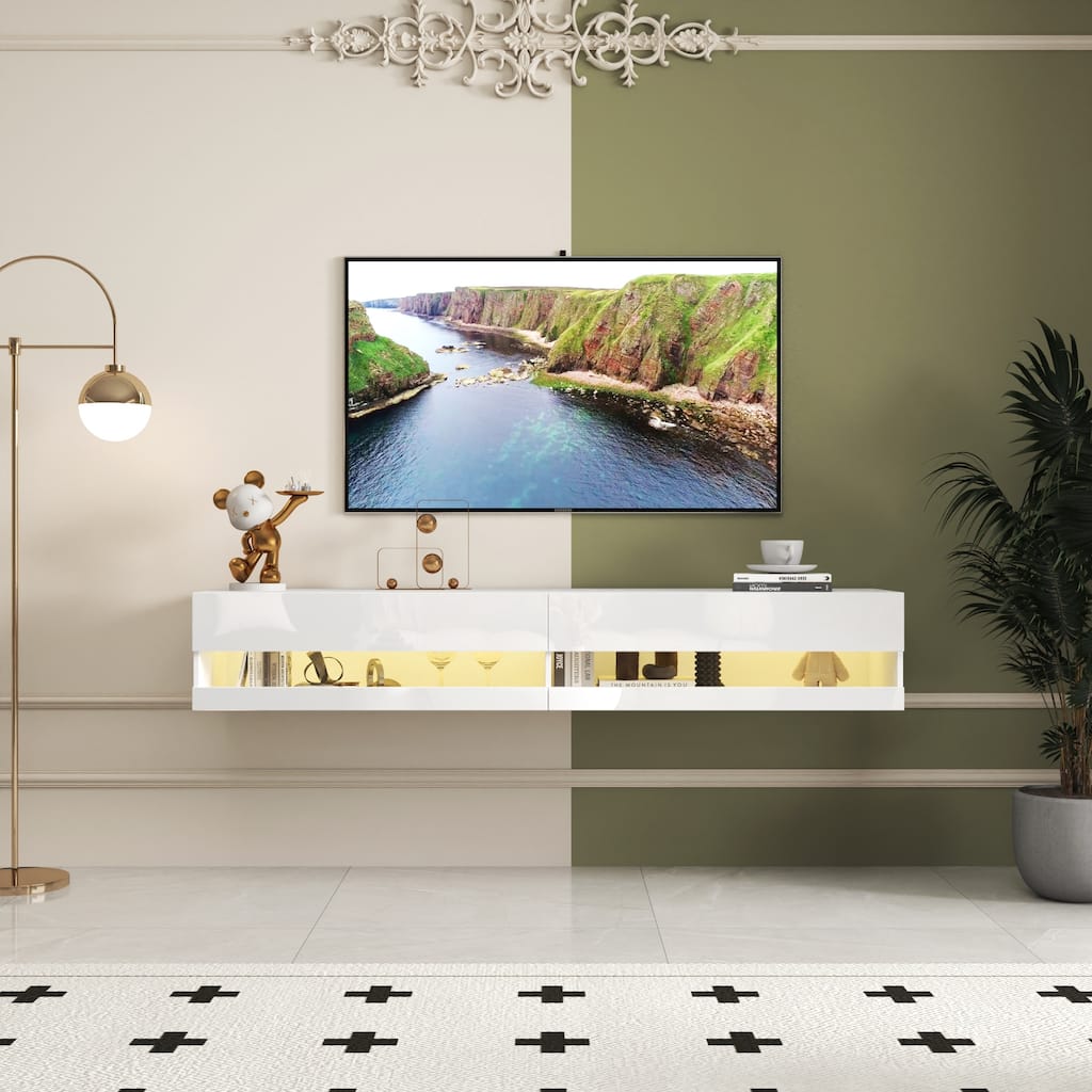 Modern Wall-Mounted Floating TV Stand with 20 Color LEDs, Large Storage Space and Charging Stations, for Living Rooms, White