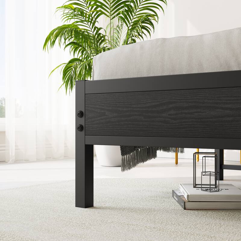 Grey Full Metal & Wood Platform Bed Frame with Storage Headboard and Charging Station