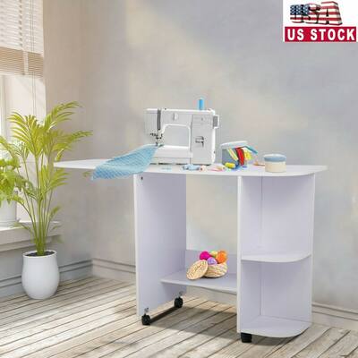 White Folding Sewing Machine Table Expandable Rolling Craft Station