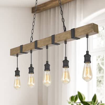 Farmhouse 5-Light Handcrafted Wood Metal Linear Pendant for Kitchen Island - L35.4" x W2.4" x H14"