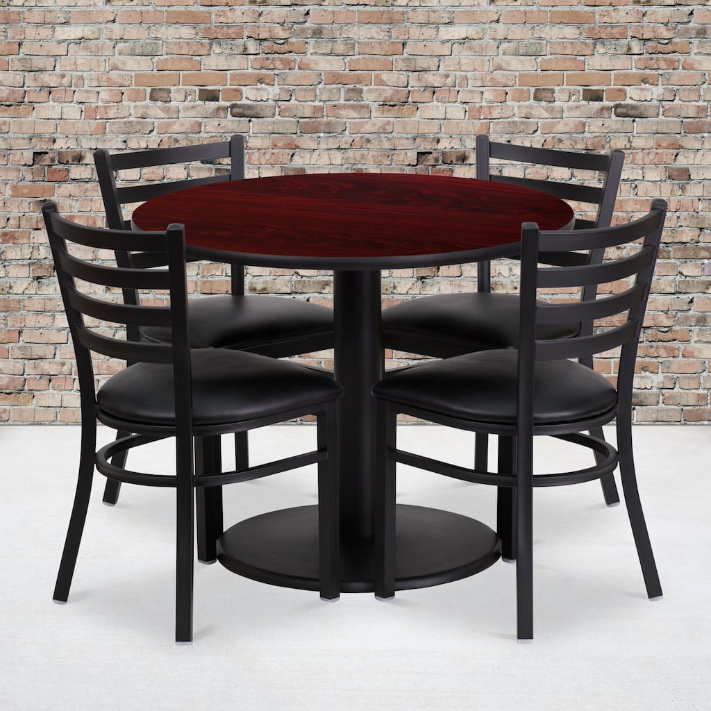 36'' Round Laminate Table Set with Round Base and 4 Ladder Back Metal Chairs