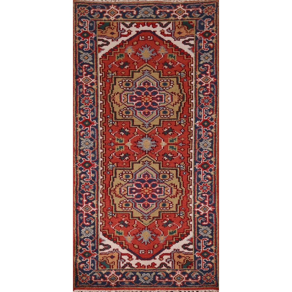 Orange Geometric Heriz Serapi Foyer Rug Hand-Knotted Wool Carpet - 2'6"x 6'1"
