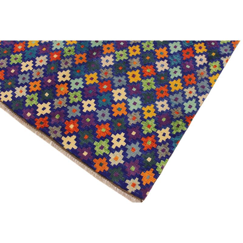Contemporary Balochi Flowers Blue/Orange Hand Knotted Wool Rug - 4'9'' x 6'6''