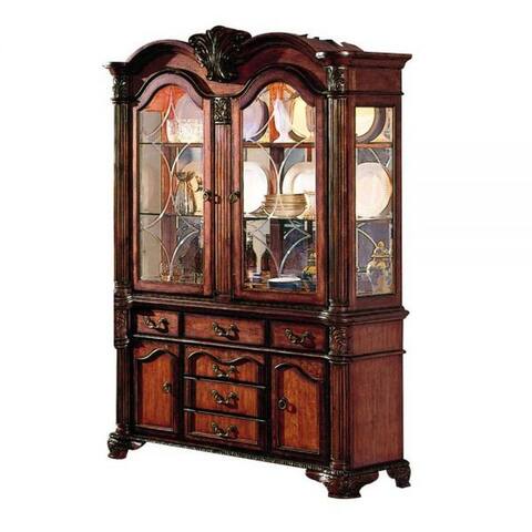 Buffet with 6 Drawers and 2 Glass Door Hutch, Cherry Brown