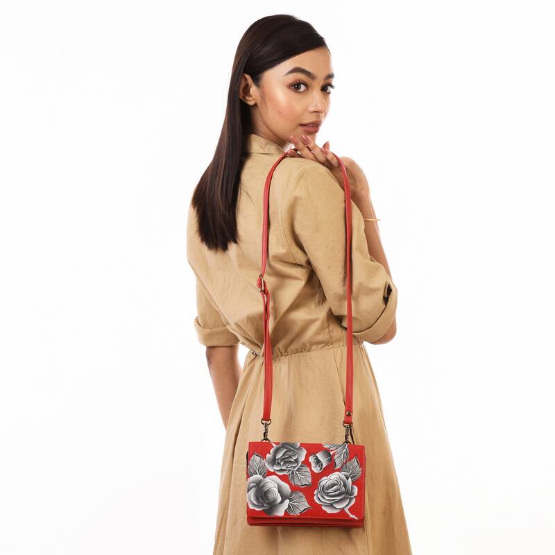 Handpainted Leather Ladies Organizer Wristlet - Romantic Rose Red - Red/Grey