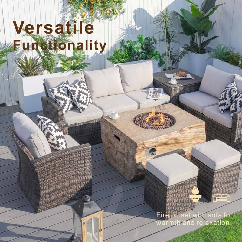 7-piece Patio Wicker Garden Chat Sofa Set with Fire Pit Table and Storage Box