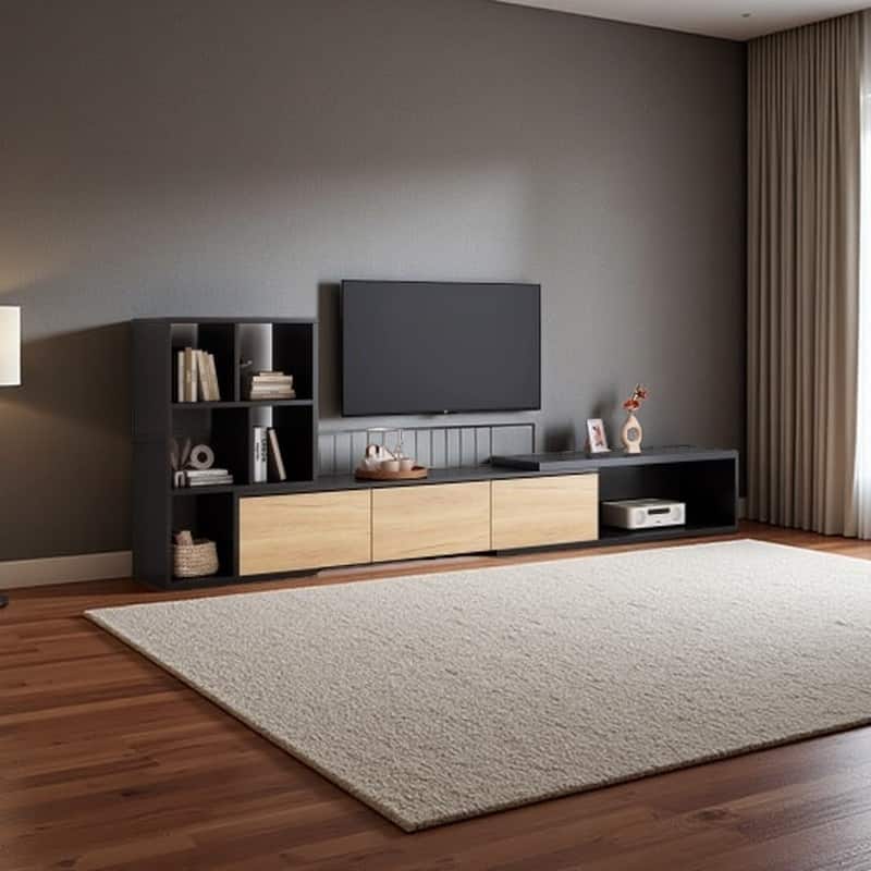 74.8" to 126" Extendable TV Stand for TVs up to 110" with 3-Tier Bookshelves, Entertainment Center, Storage Cabinets