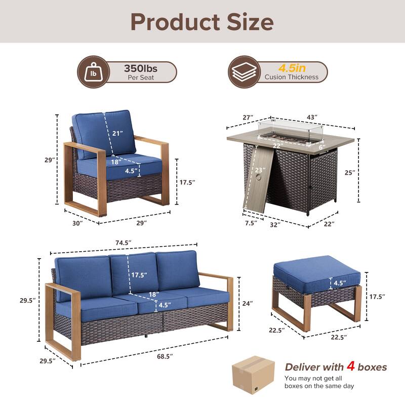 Meyreso Wicker Patio Conversation Set with Fire Pit Table & Olefin Cushions